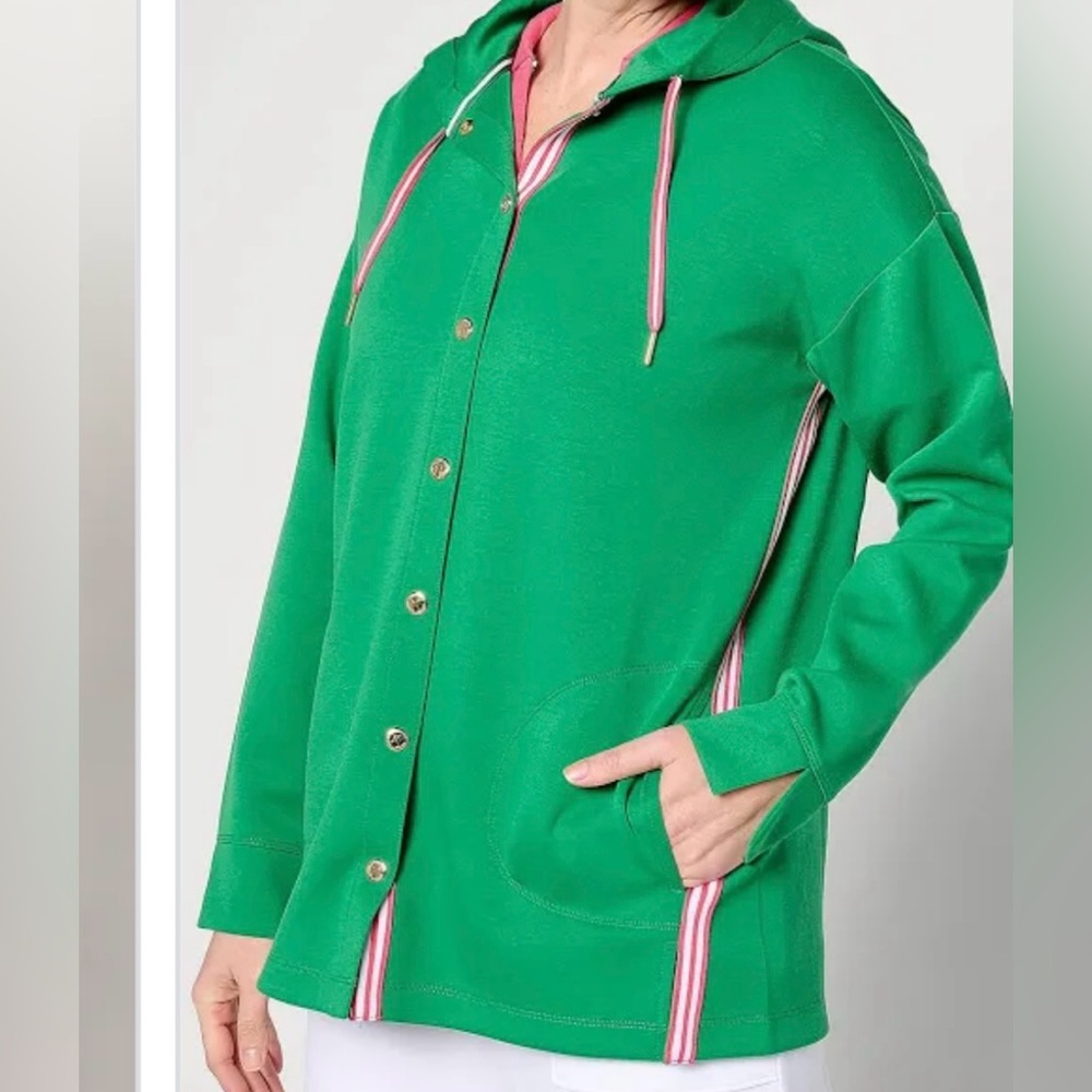 Isaac Mizrahi Live! Regular Clubhouse Scuba Knit Snap Front Tunic w/ Hood